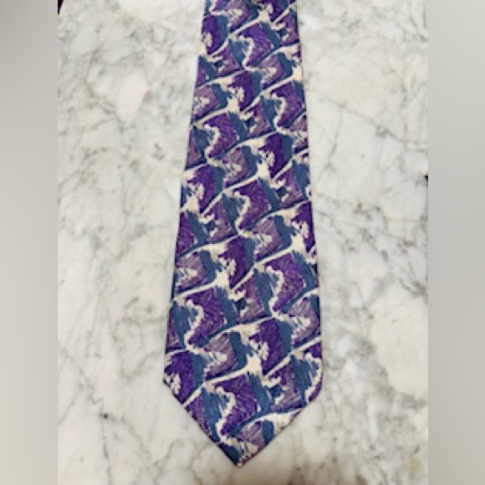 BALLY Vintage 70’s blue, white and lavender geometric print silk tie